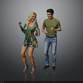 Dancing Couple In Colorful Dress And Green T Shirt With Jeans On Gray Background