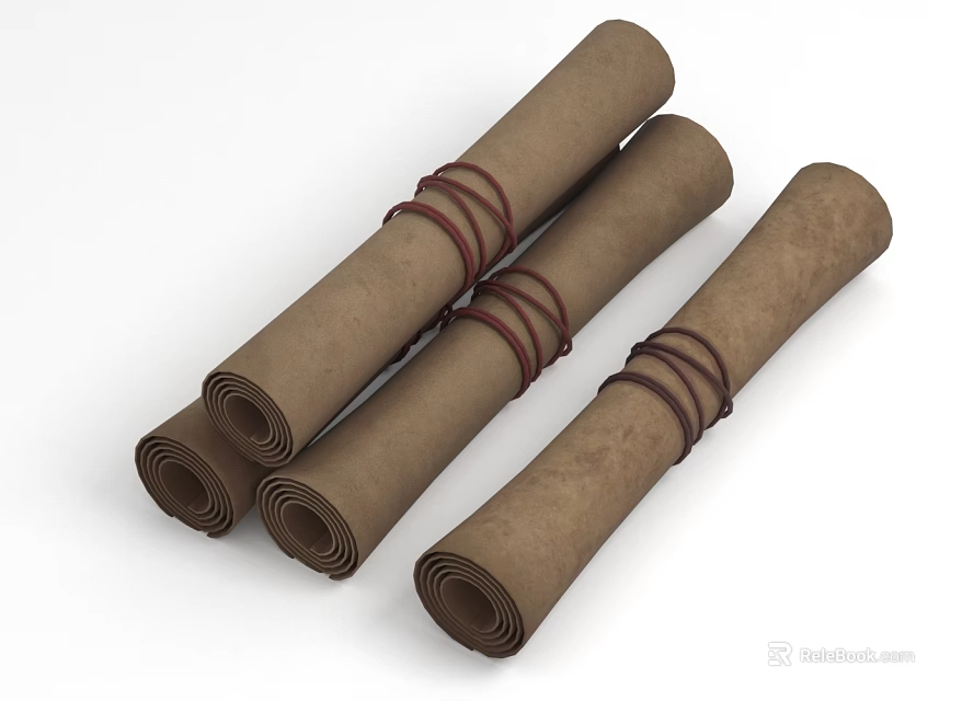 Three Brown Scrolls Bound With Red Strings For Decorative 3d model 