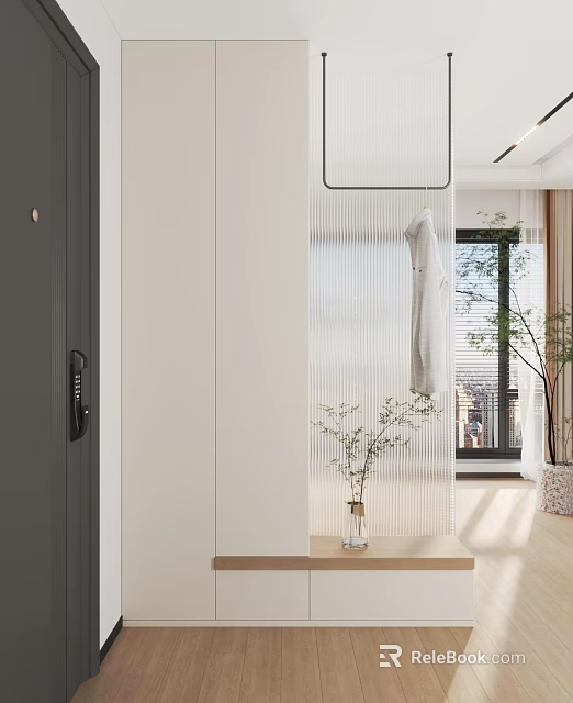 Modern Interior Transparent Glass Partition With Hanging Clothes And Potted Plants Decor 3d model 