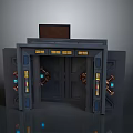 Sci Fi Entrance Door With Dark Frame Brown Panel And Colorful Lights