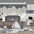 Cozy Kids Room With Starry Moon Cloudy Wallpaper Blue Headboard Bed Stuffed Toys Desk Chair