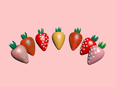 Colorful Strawberry Shaped Decorative Ornament Set With White Dots Stripes Hearts On Pink Background 3d model