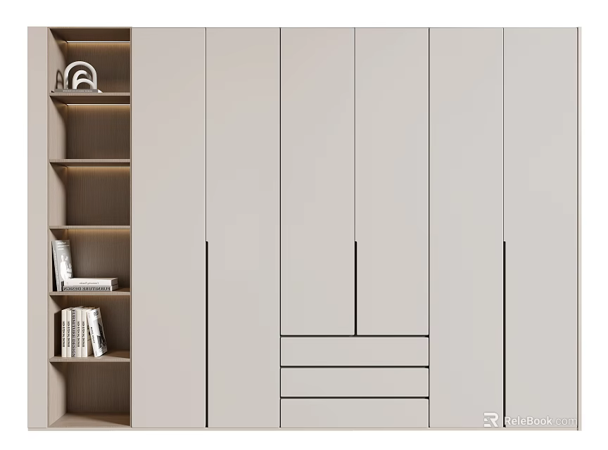 Modern Light Gray Wardrobe with Open Shelves Cabinet Doors and Drawers Storage Design 3d model 