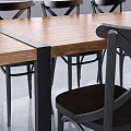 Modern Dining Table Set With Wooden Top Black Metal Frame And Six Cross Back Chairs