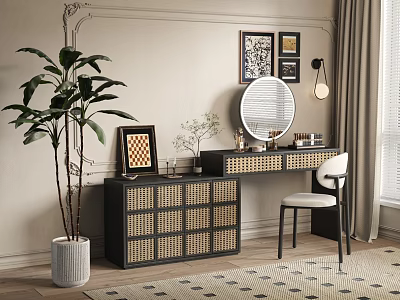 Stylish Rattan Dressing Table with Round Mirror Chair Framed Artworks and Potted Plant 3d model