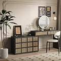 Stylish Rattan Dressing Table with Round Mirror Chair Framed Artworks and Potted Plant