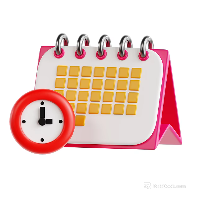 Decorative Ornament Set With Pink White Calendar And Red Circular Clock 3d model 