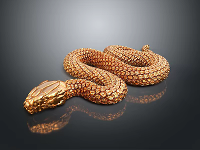 Shiny Golden Reptile Snake with Scaled Skin Coiled on Dark Reflective Surface 3d model
