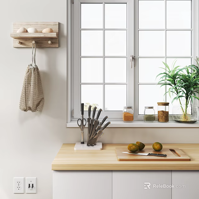 Wooden Kitchen Countertop With Knife Block Knives Cutting Board Jars And Lemons By Window 3d model 
