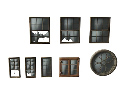 Various Vintage Window Designs With Broken Rectangular And Round Stained Glass Panels 3d model
