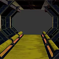 Cartoon Sci Fi Corridor Scene With Black Hexagon Structure Yellow Walkway Pipes And Ceiling Lights