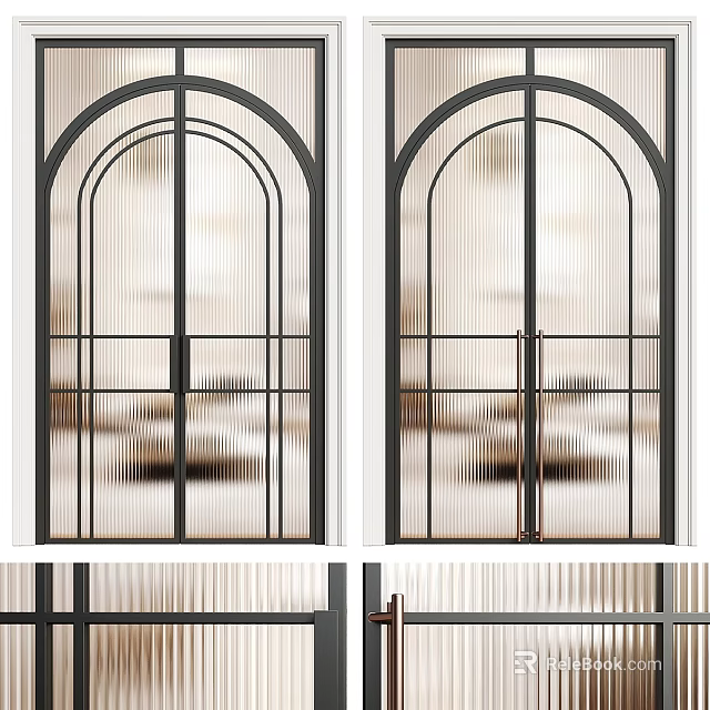 Modern Black Frame Swing Door With Arched Top And Frosted Glass Grid Design 3d model 