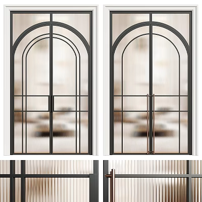 Modern Black Frame Swing Door With Arched Top And Frosted Glass Grid Design 3d model