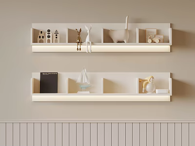 Light Colored Wall Mounted Decorative Shelves With Ornaments Sailboat Model And Book 3d model