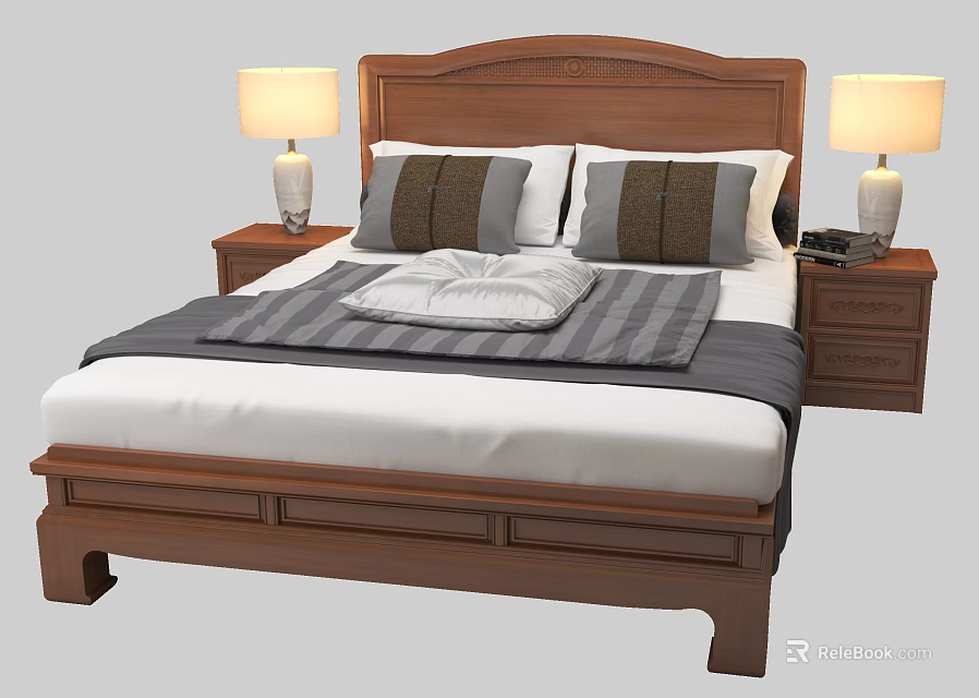 Double Bed With Wooden Headboard Nightstands Table Lamps Pillows And Simple Style Bedroom 3d model 
