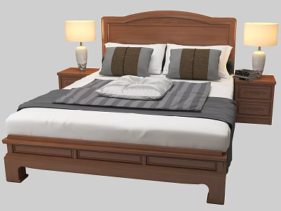 Double Bed With Wooden Headboard Nightstands Table Lamps Pillows And Simple Style Bedroom 3d model