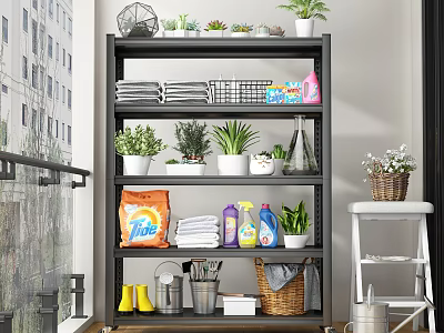 Black Metal Storage Shelf with Towels Cleaning Supplies Potted Plants and Rain Boots on Balcony 3d model
