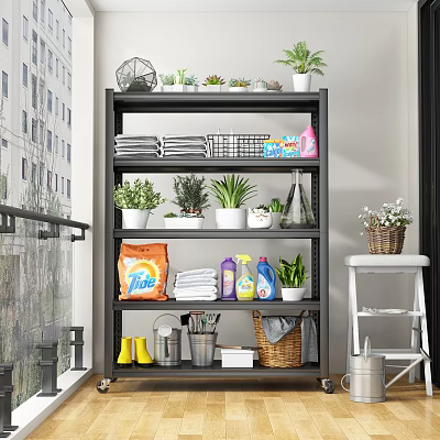 Black Metal Storage Shelf with Towels Cleaning Supplies Potted Plants and Rain Boots on Balcony 3d model