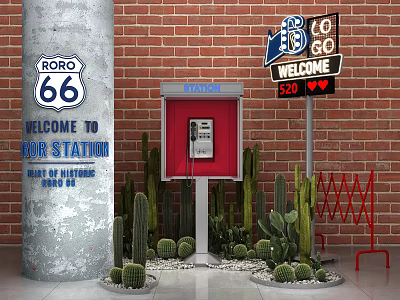 Retro Style Road Station With Phone Booth Cacti And Signs 3d model