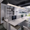 Public Office Space Open Layout Marble Wall Round Mirror Wooden Screen Work Desks Computers Greenery 3d model