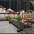 Traditional Roof Open Layout Restaurant With Dining Tables Green Plants And Modern Glass Walls
