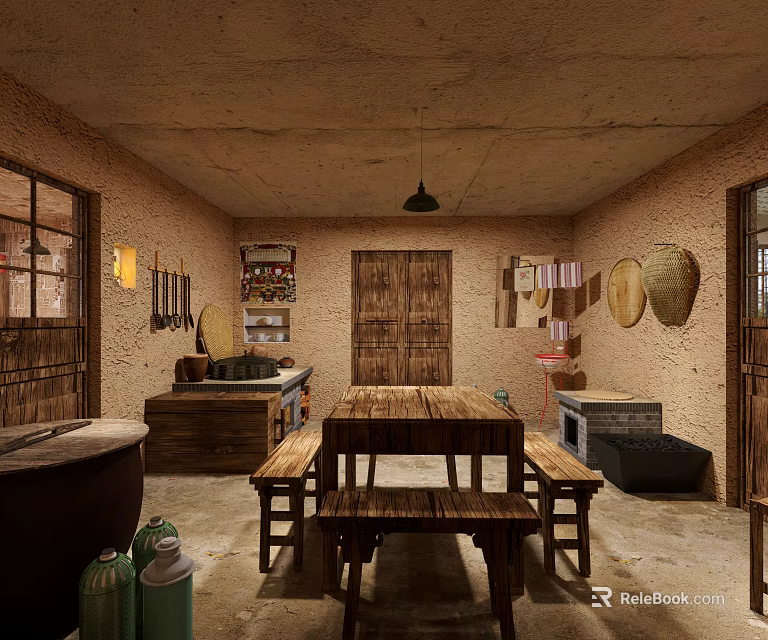 Traditional Rustic Interior With Earthen Walls Wooden Table Benches Clay Pots And Woven Baskets 3d model 