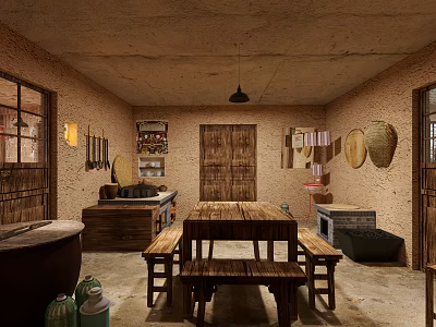 Traditional Rustic Interior With Earthen Walls Wooden Table Benches Clay Pots And Woven Baskets 3d model