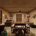 Traditional Rustic Interior With Earthen Walls Wooden Table Benches Clay Pots And Woven Baskets