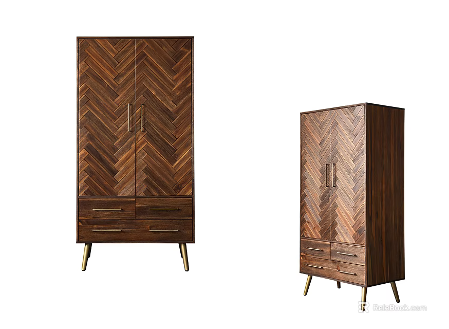 Wooden Herringbone Wardrobe With Drawers And Metal Legs Home Furniture Set 3d model 