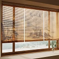 Wooden Window Blinds With Scenic View Outside And Potted Plant On Windowsill