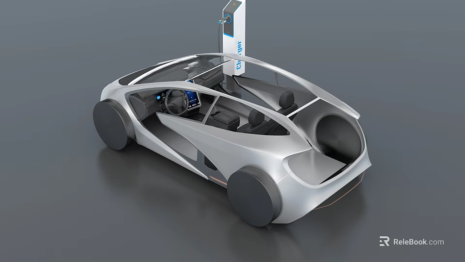 Futuristic Silver Concept Car With Charging Pillar Transparent Roof And Modern Interior 3d model 