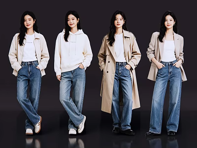 Four Women Showcasing Fashionable Casual Tops and Blue Jeans Outfits 3d model