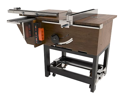 Industrial Table Saw with Wooden Tabletop Black Metal Stand Control Panel and Sliding Rails 3d model