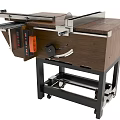 Industrial Table Saw with Wooden Tabletop Black Metal Stand Control Panel and Sliding Rails