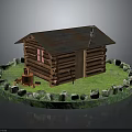 Rustic Log Cabin With Rusty Metal Roof Chimney Door Axe Orange Bucket Grass Stone Fence