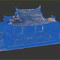 Cartoon Scene of Traditional Chinese Pavilion with Tiled Roof Wooden Balcony Stone Base and Water Reflection