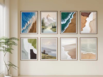 Eight Decorative Paintings Featuring Ocean Mountain Beach Abstract Art On White Wall With Green Plant 3d model