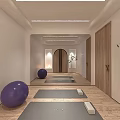 Spacious Yoga Fitness Studio With Gray Mats Purple Exercise Balls And Wooden Floors