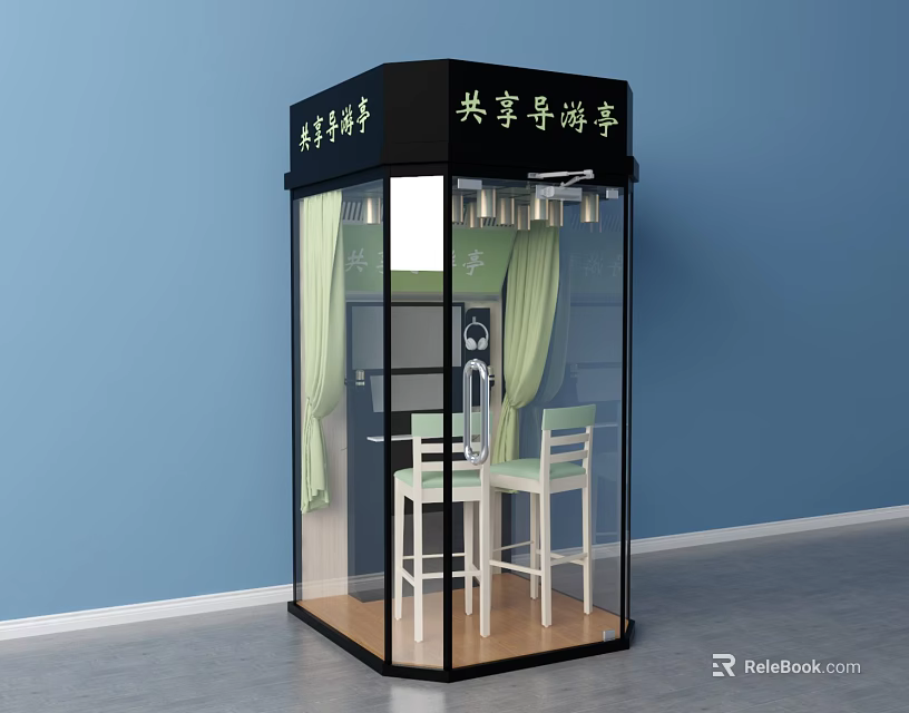 Shared Piano Booth Commercial Equipment With Glass Enclosure Piano And Chairs 3d model 