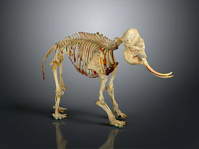 Elephant Skeleton with Long Tusks and Detailed Skeletal Structure in Museum 3d model