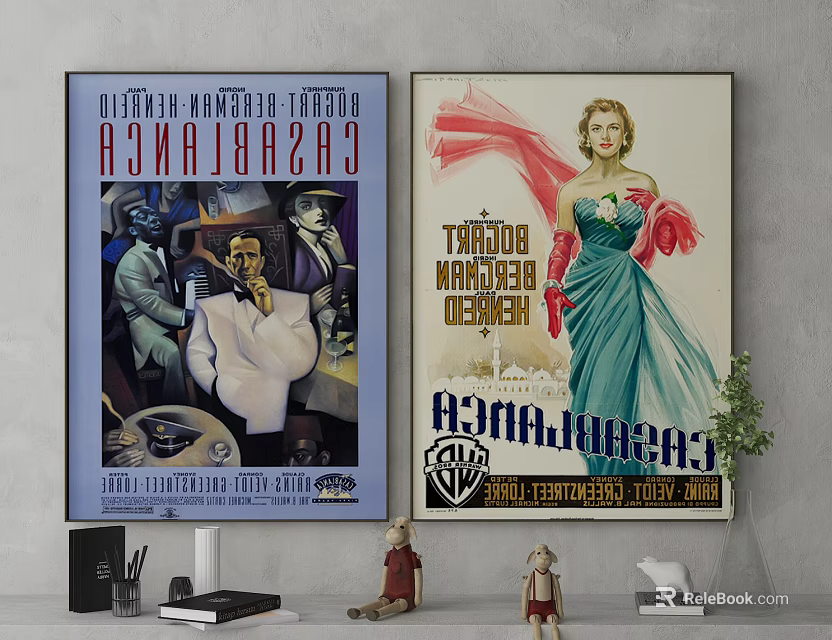 Vintage Movie Posters on Wall with Retro Decorative Items and Small Statues 3d model 