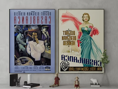 Vintage Movie Posters on Wall with Retro Decorative Items and Small Statues 3d model