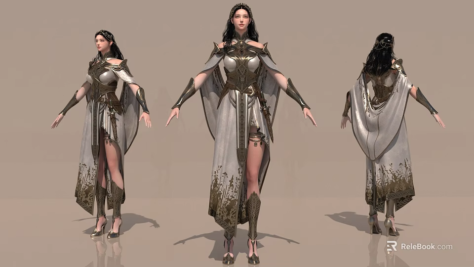 Fantasy Game Movie Female Character With Elaborate Armor And Gown 3d model 