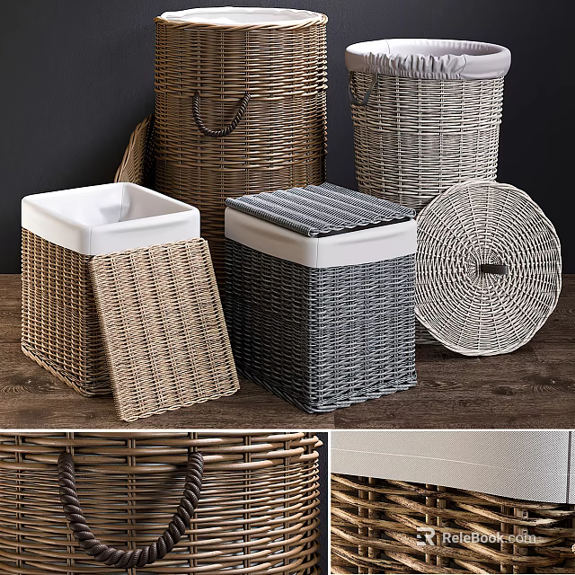 Woven Storage Baskets in Brown Gray White with Square Round Shapes and Lids for Organizing 3d model 