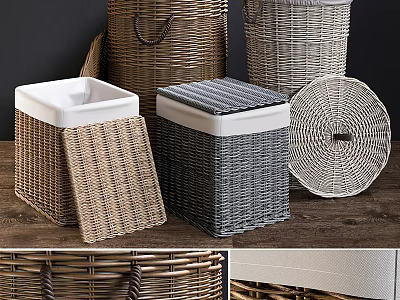 Woven Storage Baskets in Brown Gray White with Square Round Shapes and Lids for Organizing 3d model