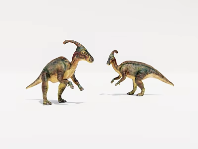 Parasaurolophus Dinosaur Toys In Green Yellow Colors Standing On White Background 3d model
