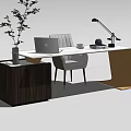 Modern Desk With Grey Chair Laptop Desk Lamp Red Apple Plant And Golden Frame Design