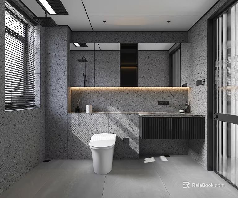 Modern Bathroom Interior Design With Gray Tiles Toilet Sink Vanity Mirror And Lighting 3d model 