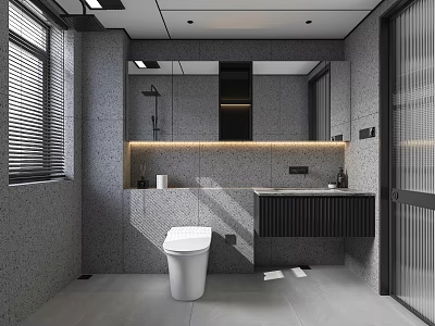Modern Bathroom Interior Design With Gray Tiles Toilet Sink Vanity Mirror And Lighting 3d model