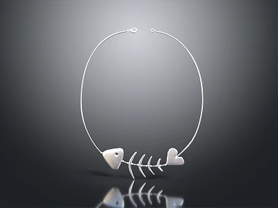 Silver Necklace with Fish Bone and Heart Shape Pendant Minimalist Unique Design Jewelry 3d model